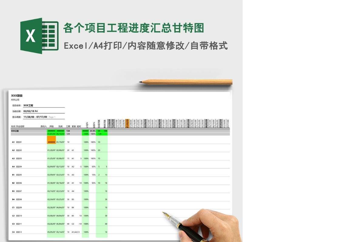 各个项目工程进度汇总甘特图Excel模板