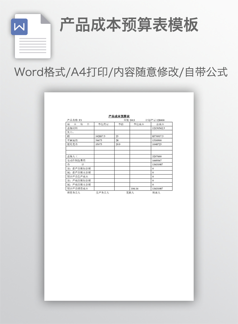 产品成本预算表模板 产品成本预算表模板