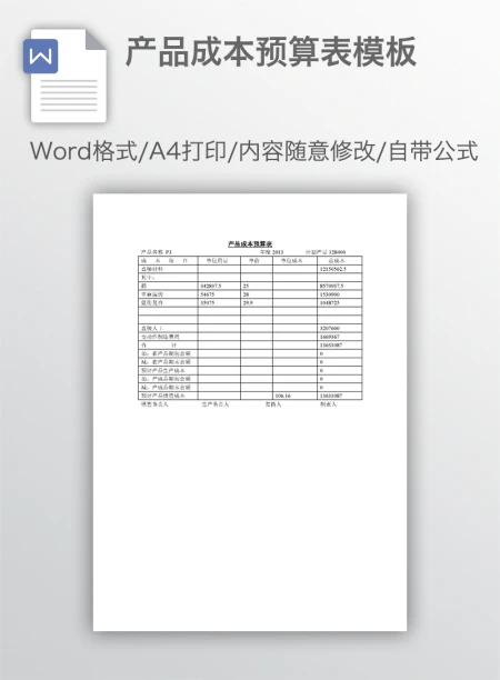 产品成本预算表模板
