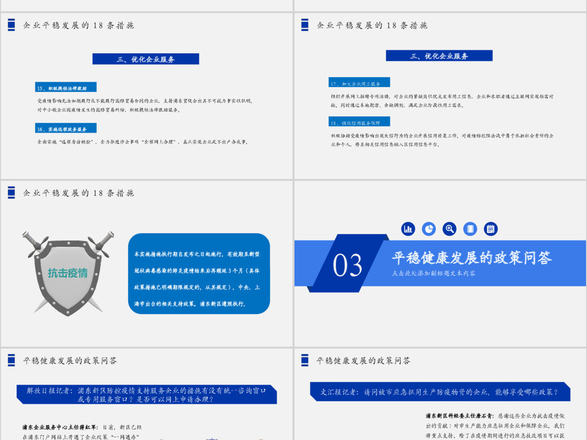 大气蓝色商务疫情党课新冠状病毒肺炎疫情防控共抗病毒上海浦东出台支持服务企业平稳健康发展的18条措施PPT模板
