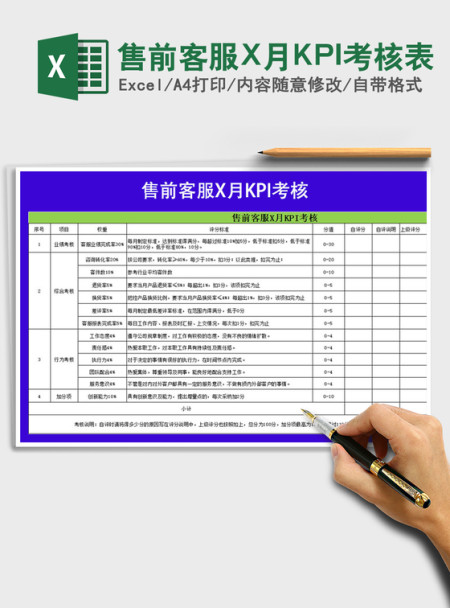 售前客服X月KPI考核表免费下载