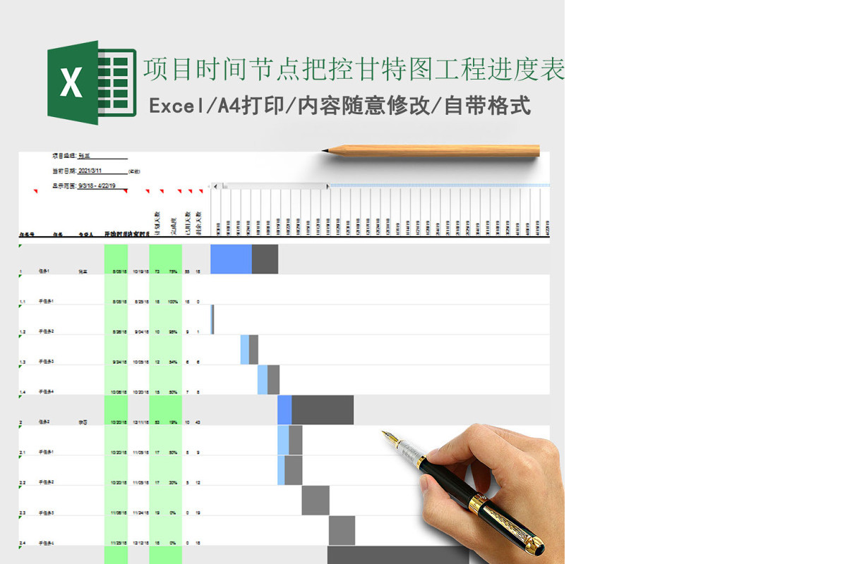 项目时间节点把控甘特图工程进度表Excel表格模板