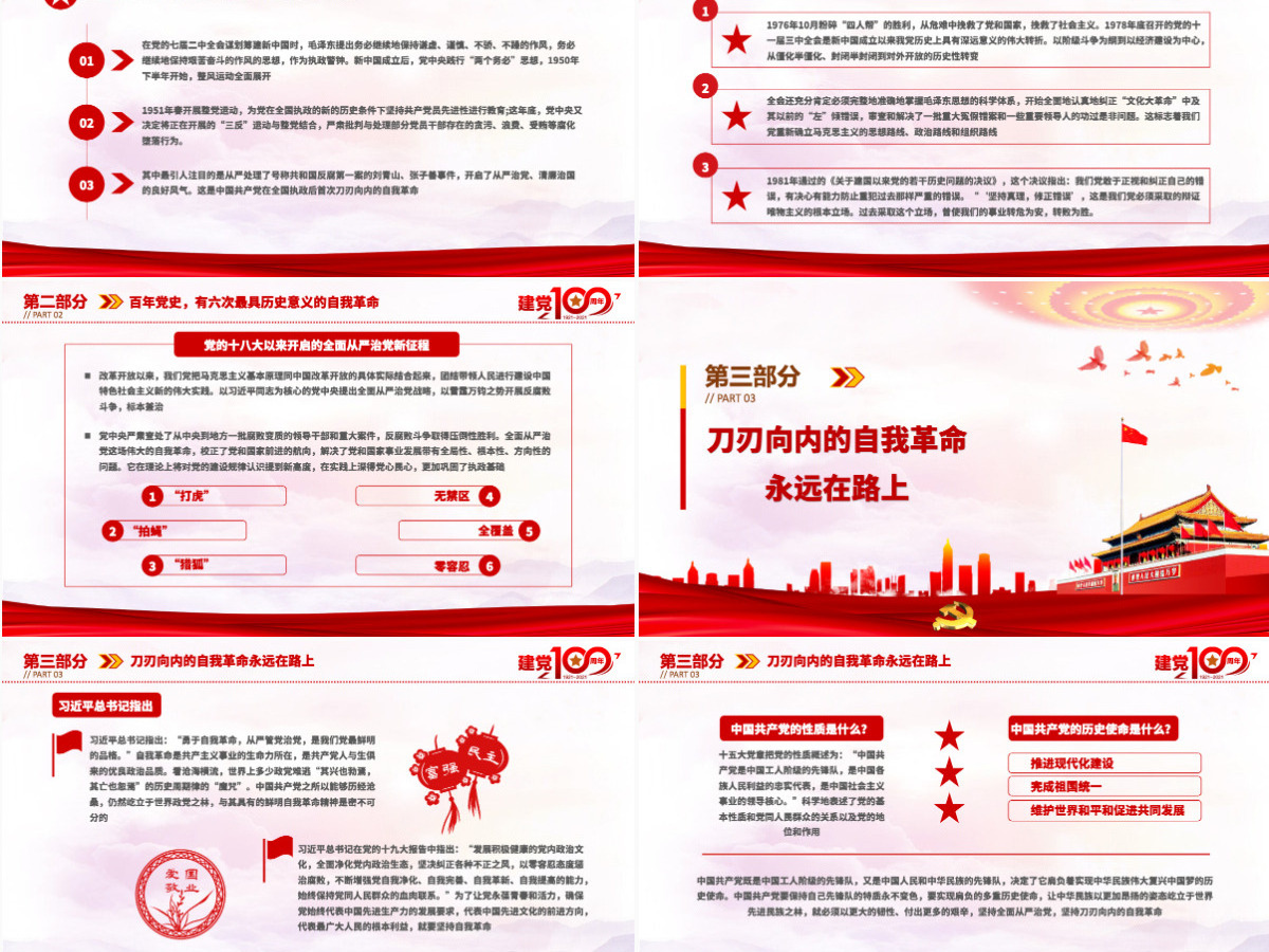 2021百年党史最具历史意义的六次自我革命PPT热烈庆祝中国共产党成立100周年红的大气党政风党课模板