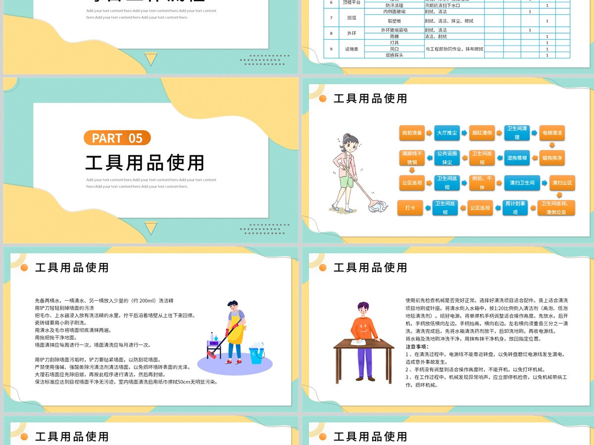 2022保洁服务培训简洁插画风保洁操作流程及工具使用培训课件模板PPT