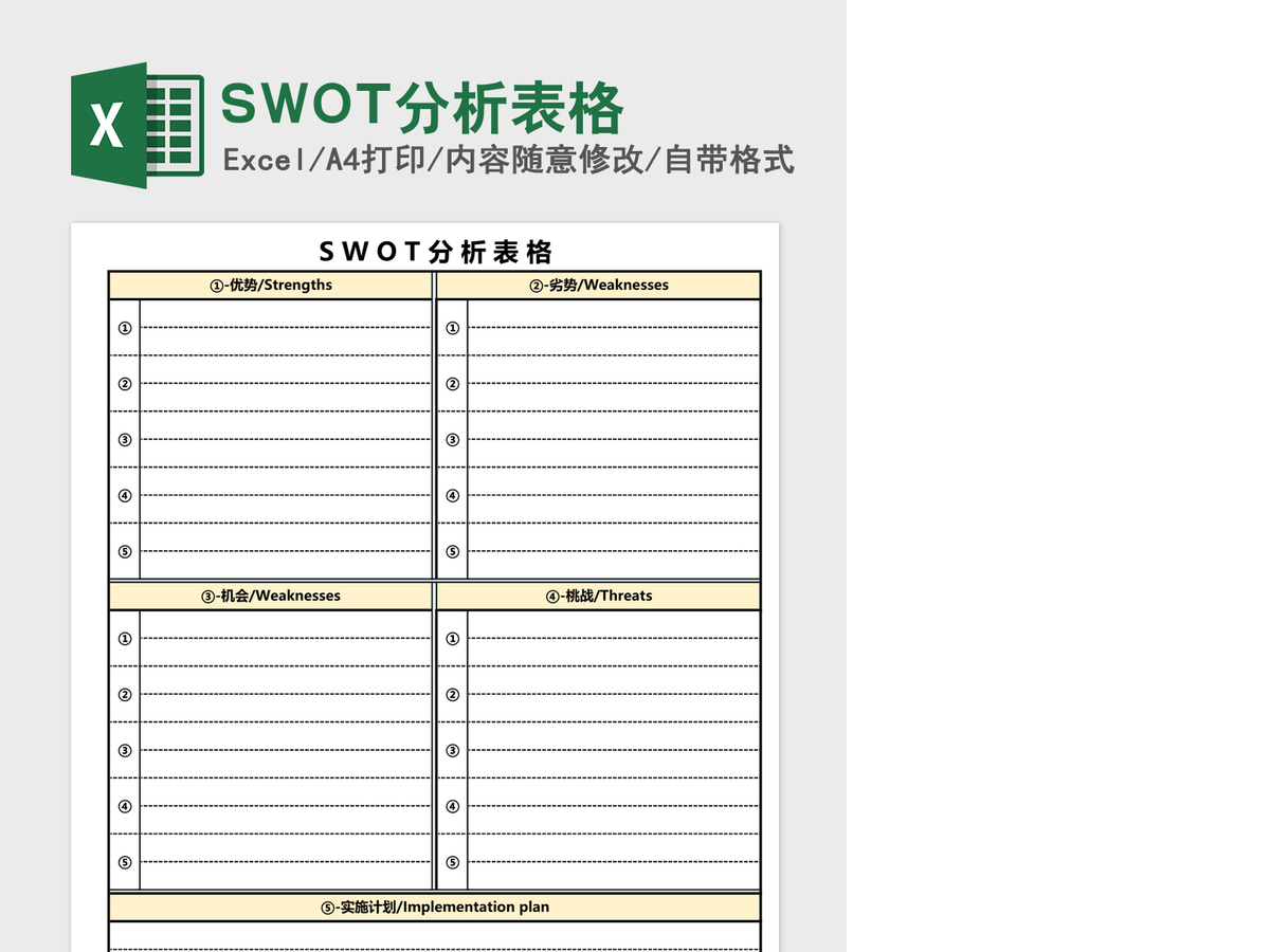SWOT分析表格Excel模板
