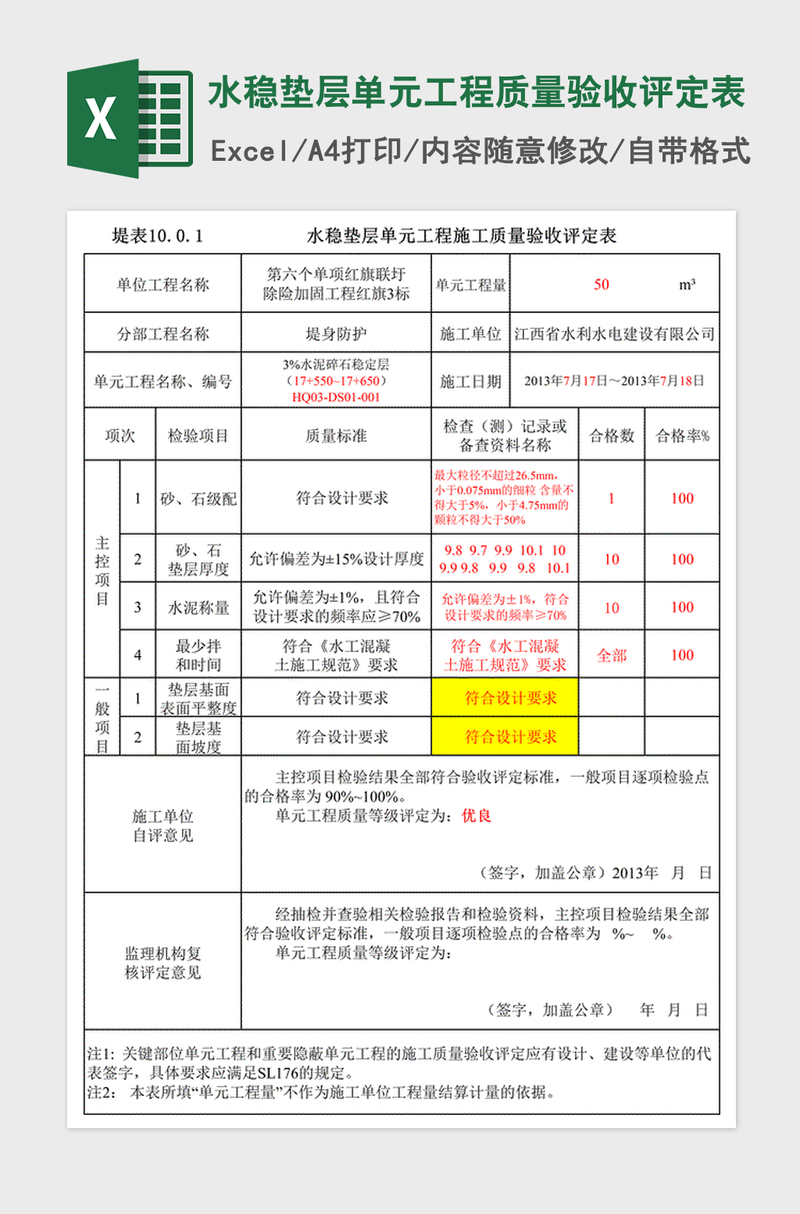 2021年水稳垫层单元工程质量验收评定表 2021年水稳垫层单元工程质量验收评定表