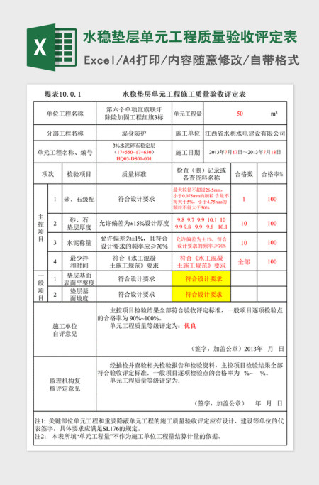 2021年水稳垫层单元工程质量验收评定表