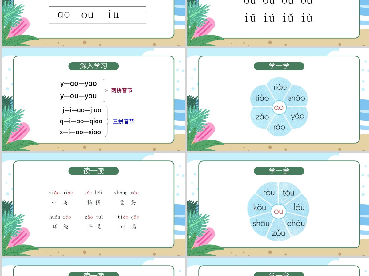 人教版小学一年级语文上册第二章汉语拼音（十）：ao、ou、iu（含配套教案）课件PPT
