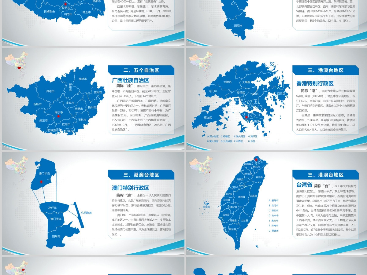 最新最全蓝色简约可编辑中国政区地图PPT模板