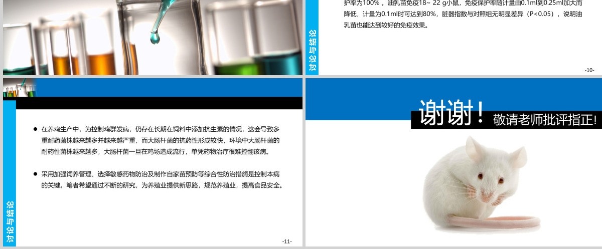 医学上自制禽源耐药大肠杆菌三价灭活疫苗对小白鼠保护力及脏器指数影响的答辩论文研究PPT