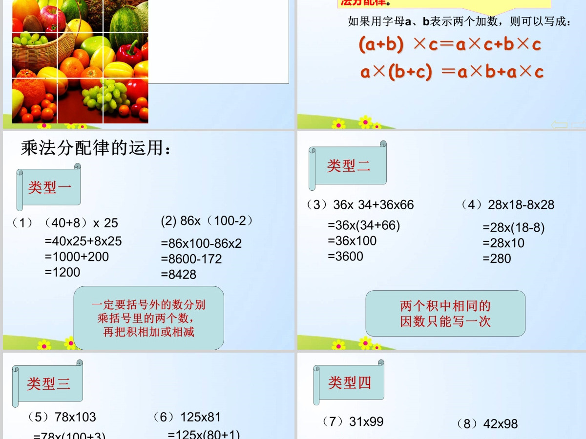 人教版新课标小学数学四年级下册《乘法分配律》课件ppt 人教版新课标小学数学四年级下册《乘法分配律》课件ppt