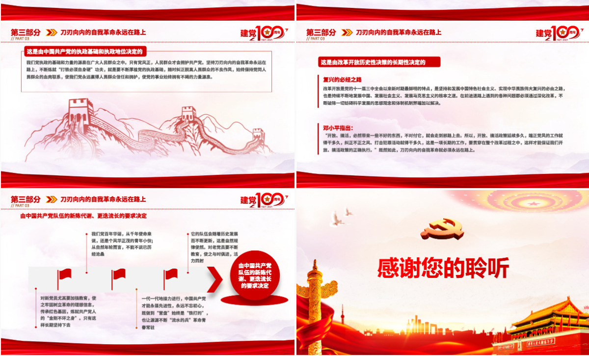 2021百年党史最具历史意义的六次自我革命PPT热烈庆祝中国共产党成立100周年红的大气党政风党课模板