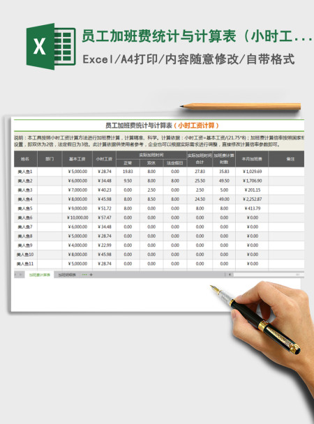 2021年员工加班费统计与计算表（小时工资计算）