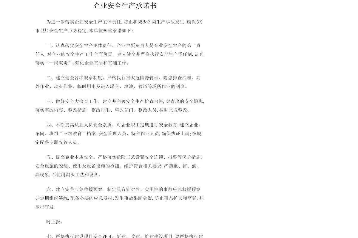 生产企业安全生产承诺书(范本)