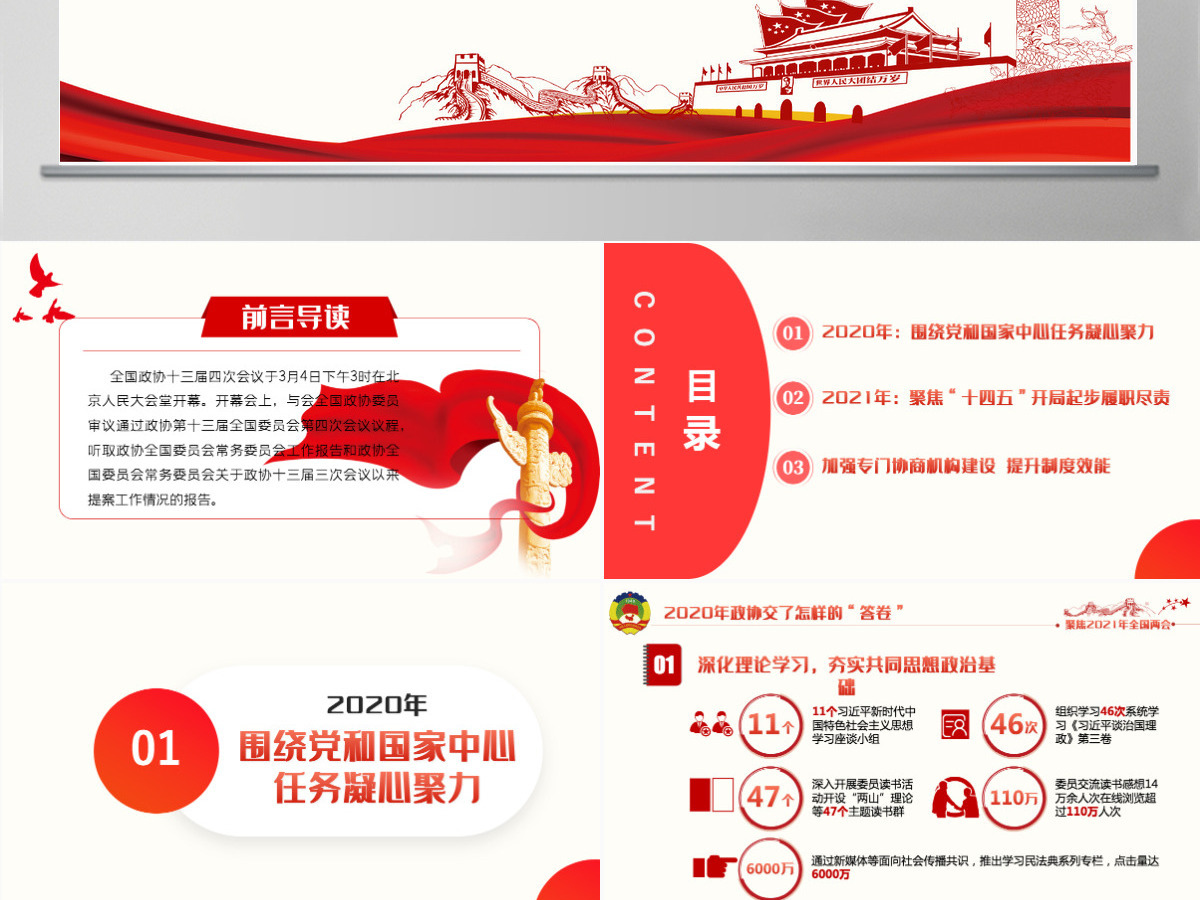 红色聚焦全国两会2021政府工作报告学习解读ppt--含讲稿