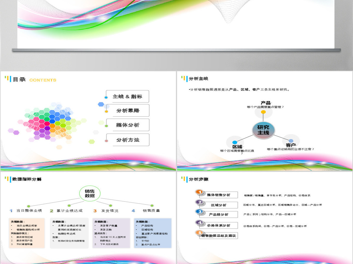 炫彩背景销售数据分析ppt模板-含多个ppt元素