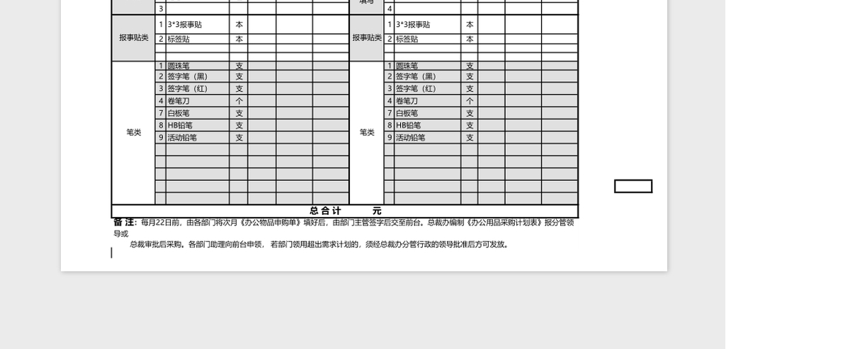 办公用品采购计划表