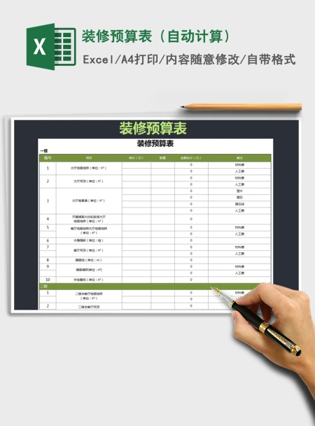 2021年装修预算表（自动计算）