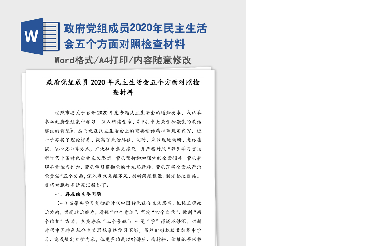 政府党组成员2020年民主生活会五个方面对照检查材料