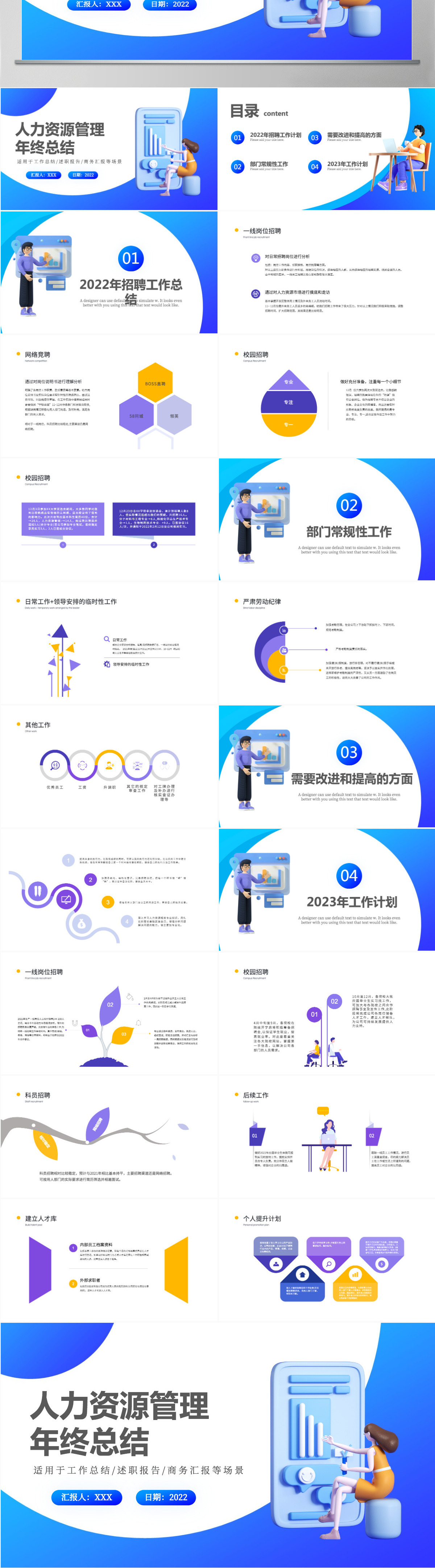 2022招聘总结矢量扁平风人力资源部门招聘工作总结暨年度招聘计划模板PPT