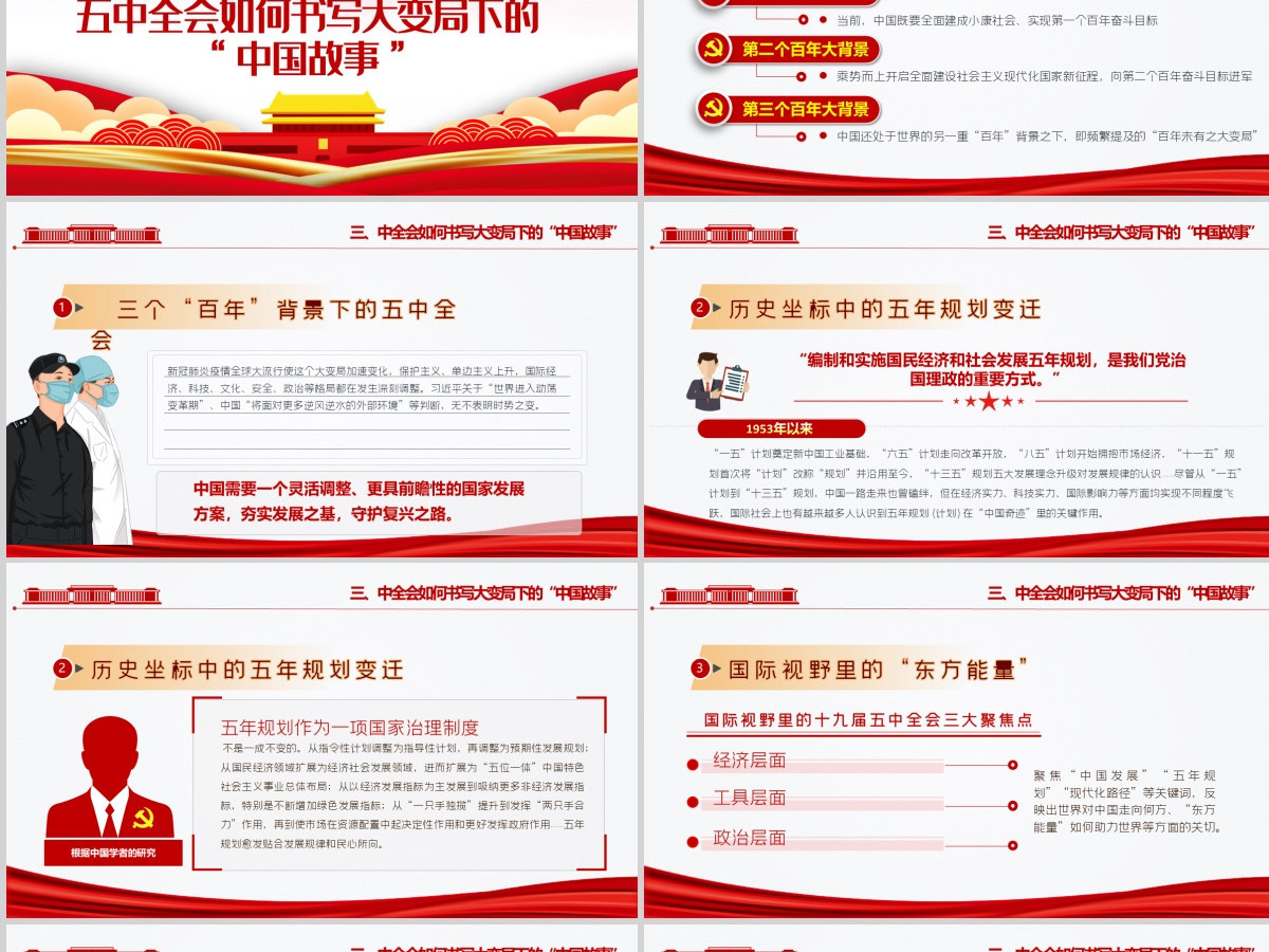 红色炫彩十九届五中全会精神解读十四五规划党课学习PPT--含讲稿
