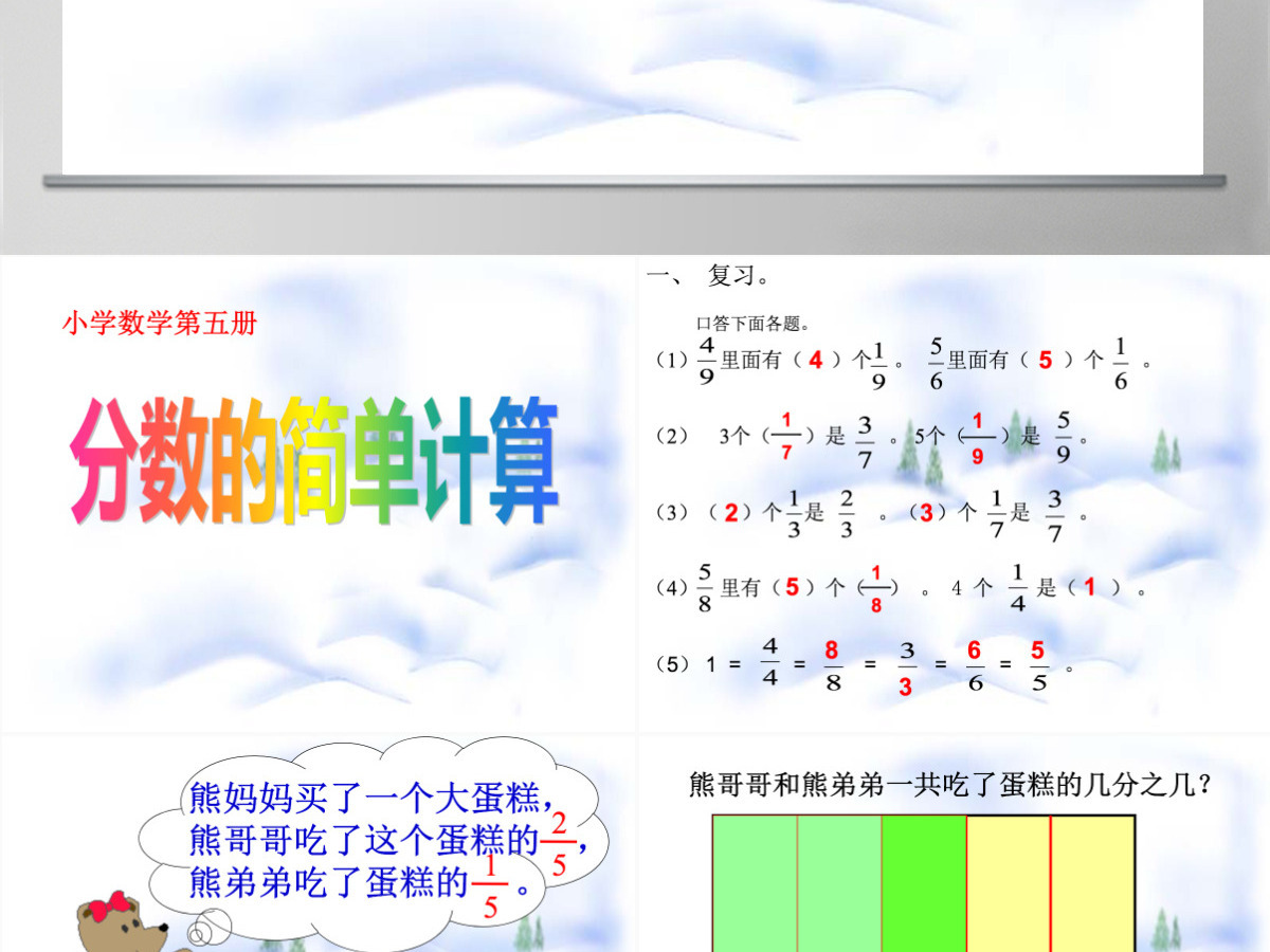 小学数学课件第五册分数的简单计算PPT模板 小学数学课件第五册分数的简单计算PPT模板