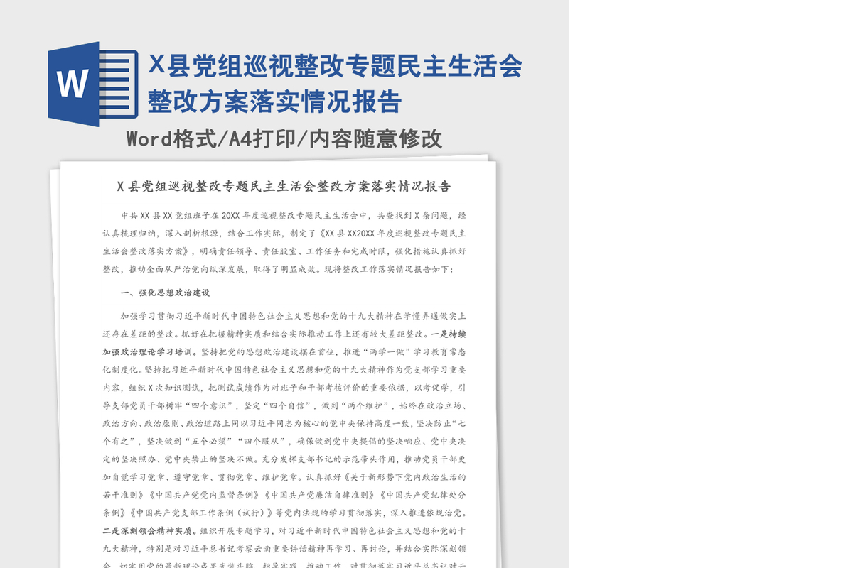 X县党组巡视整改专题民主生活会整改方案落实情况报告
