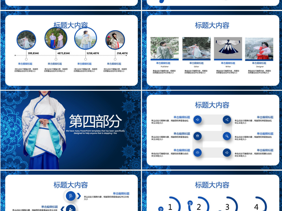 传统蓝色大气中国汉服文化PPT封面含PS