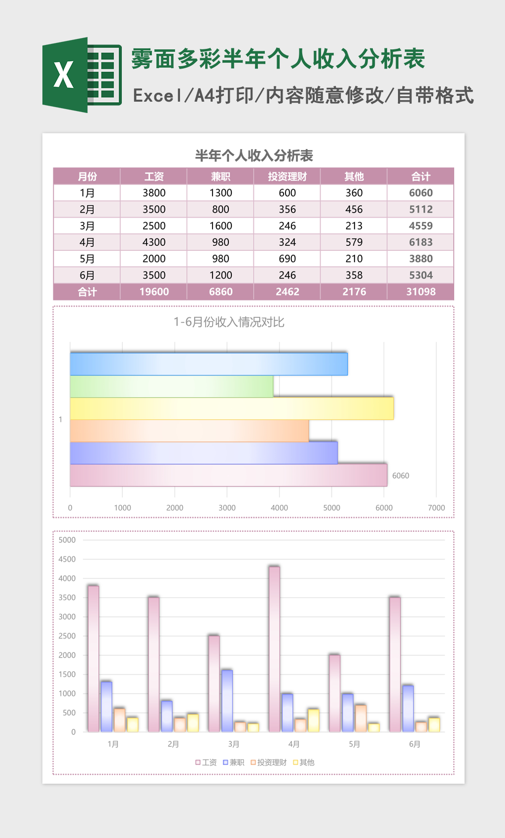 雾面多彩半年个人收入分析表excel模板 雾面多彩半年个人收入分析表excel模板