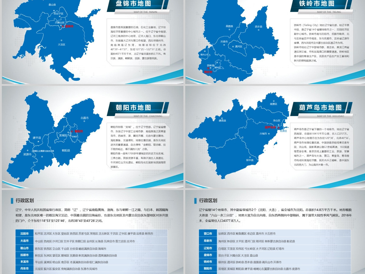 原创蓝色矢量辽宁省政区地图PPT模板,可编辑中国地图