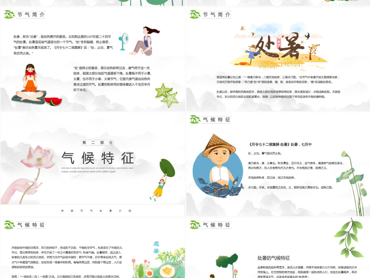 原创小清新校园文化教育传统中国二十四节气之处暑节气相关知识PPT模板