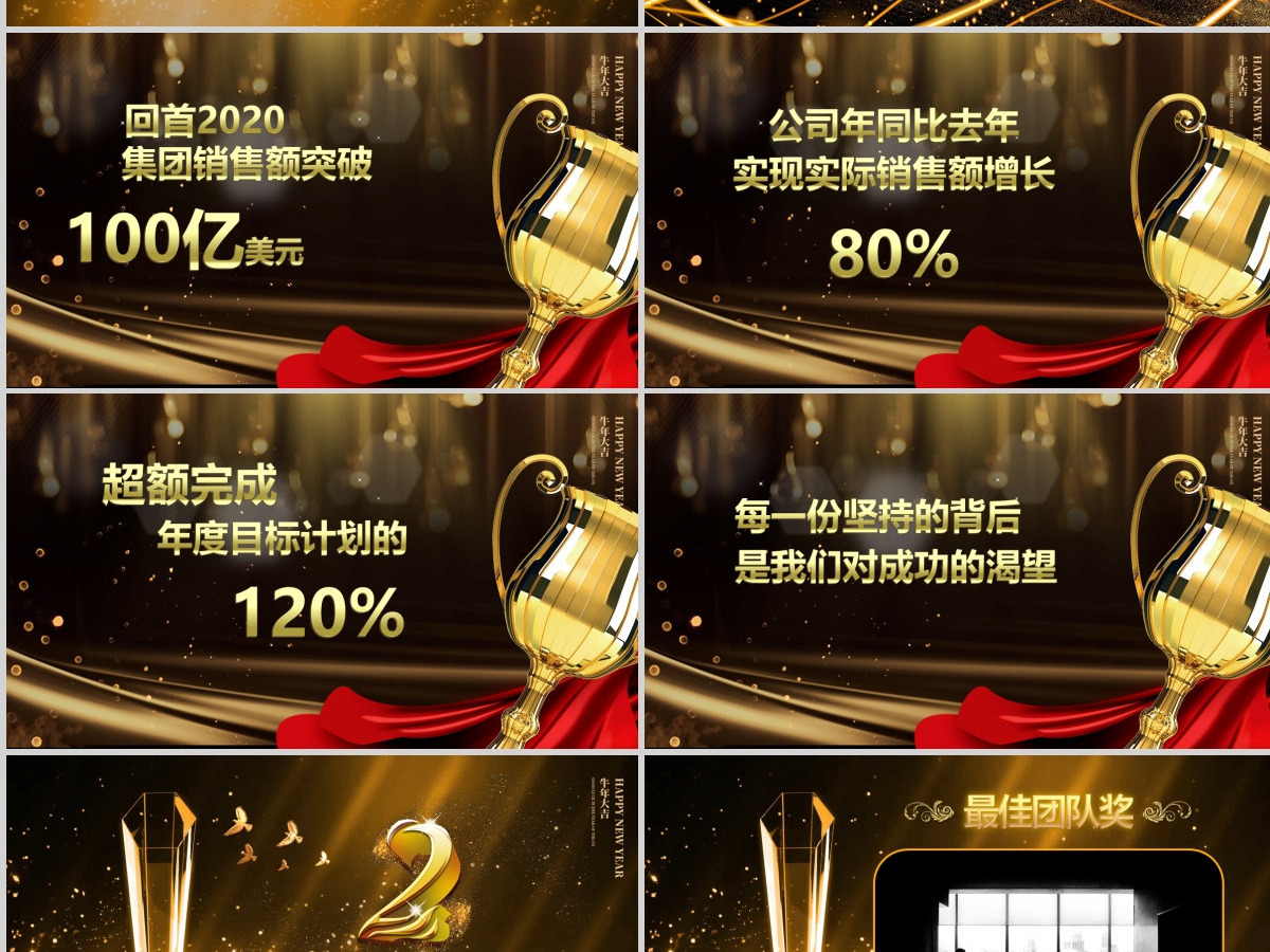 2021牛年黑金酷炫光效Happy牛year年终总结企业颁奖典礼公司年会PPT模板