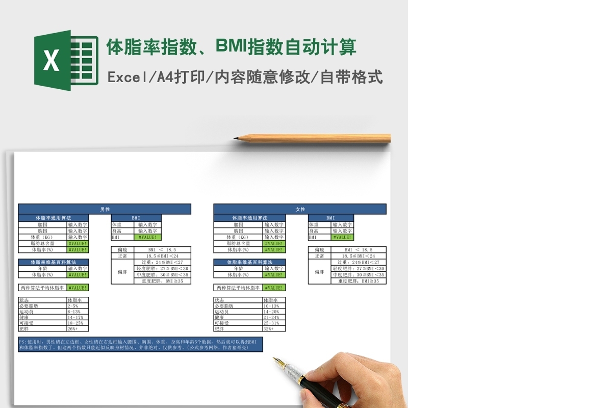 体脂率指数、BMI指数自动计算Excel表