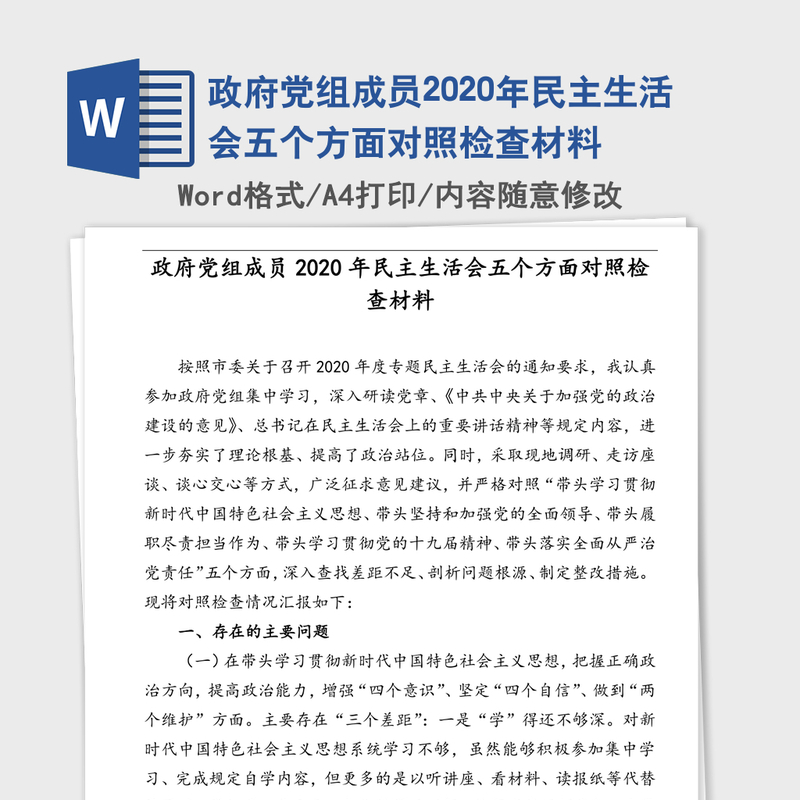 政府党组成员2020年民主生活会五个方面对照检查材料