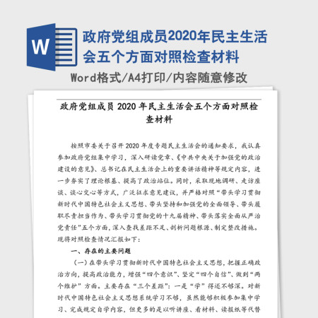 政府党组成员2020年民主生活会五个方面对照检查材料