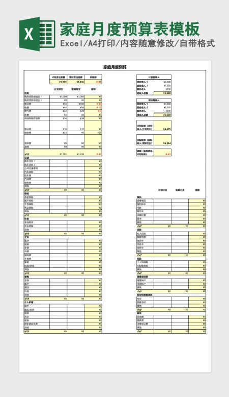 家庭月度预算表excel表格模板