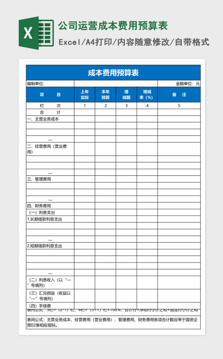 公司运营成本费用预算表excel表格