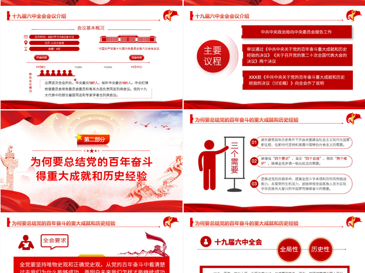 六中全会红色简洁风深入解读十九届六中全会会议精神及其公报全文内容党员学习党课课件PPT-含讲稿 六中全会红色简洁风深入解读十九届六中全会会议精神及其公报全文内容党员学习党课课件PPT-含讲稿