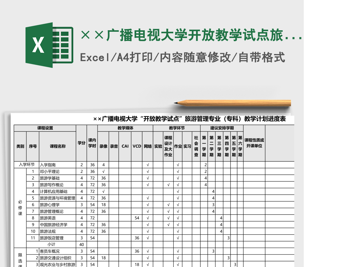 ××广播电视大学开放教学试点旅游管理专业(专科)教学计划进度表 ××广播电视大学开放教学试点旅游管理专业(专科)教学计划进度表