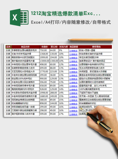 1212淘宝精选爆款清单Excel免费下载 1212淘宝精选爆款清单Excel免费下载