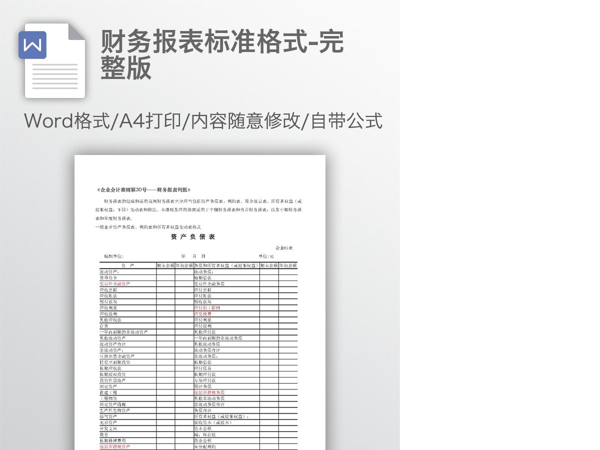 财务报表标准格式-完整版