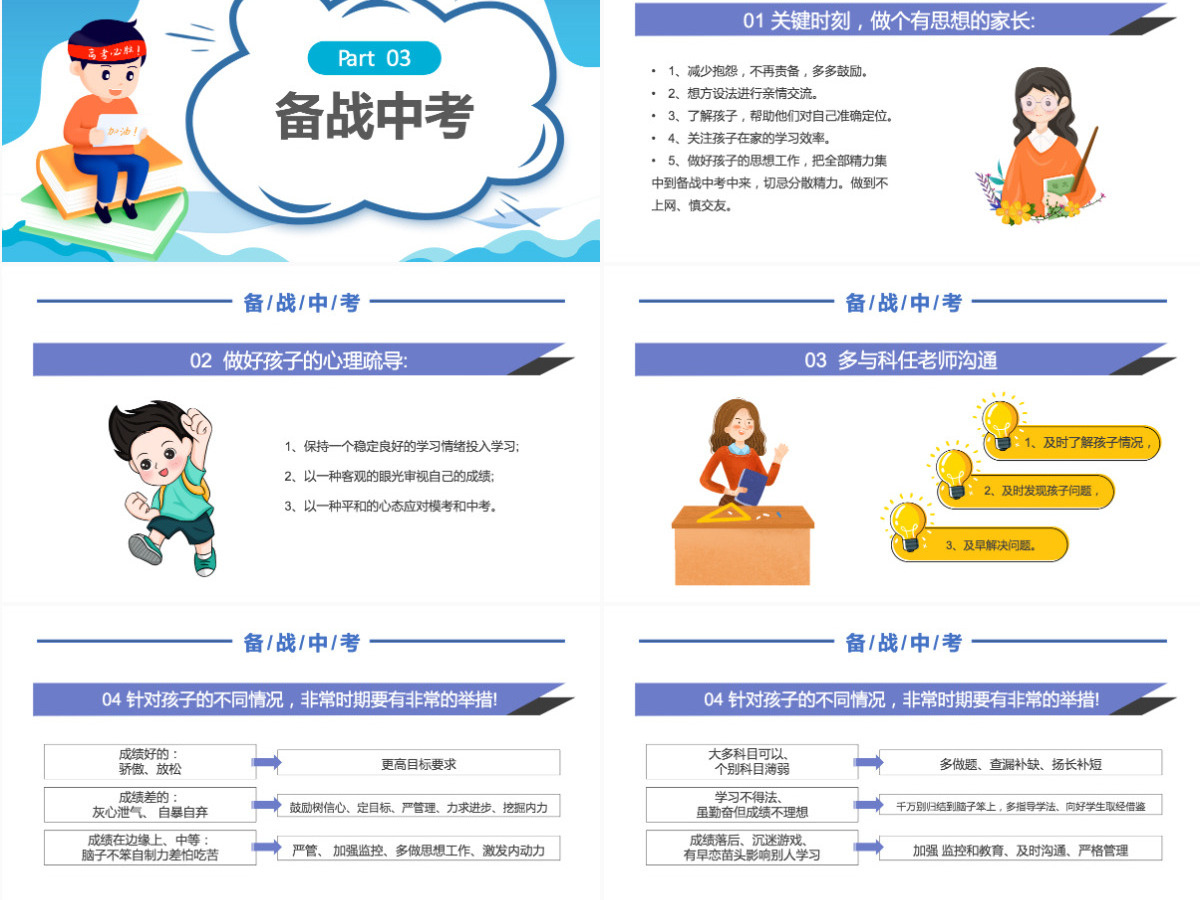 2022备战中考精品卡通风中学生备战中考主题班会家长会课件模板PPT