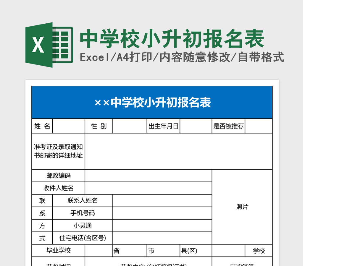 中学校小升初报名表Excel表格 中学校小升初报名表Excel表格