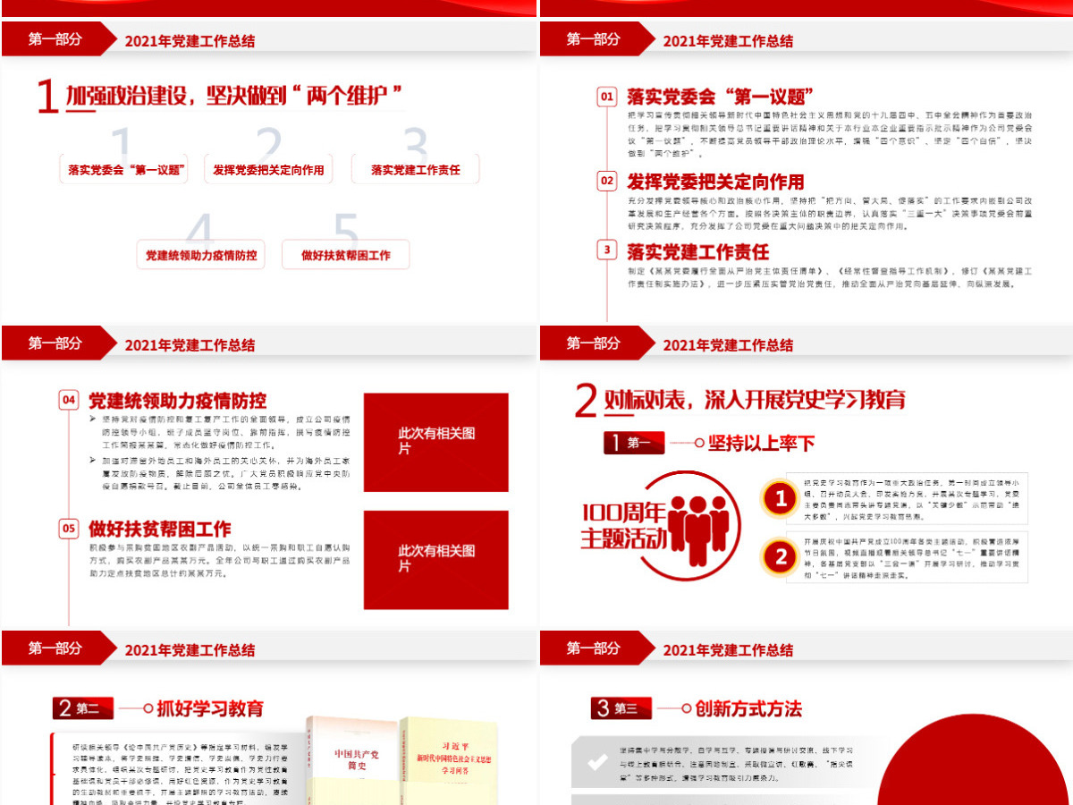 红色简洁党政工作总结国企党委2021党建工作总结及2022工作计划党支部汇报PPT模板-含讲稿 红色简洁党政工作总结国企党委2021党建工作总结及2022工作计划党支部汇报PPT模板-含讲稿