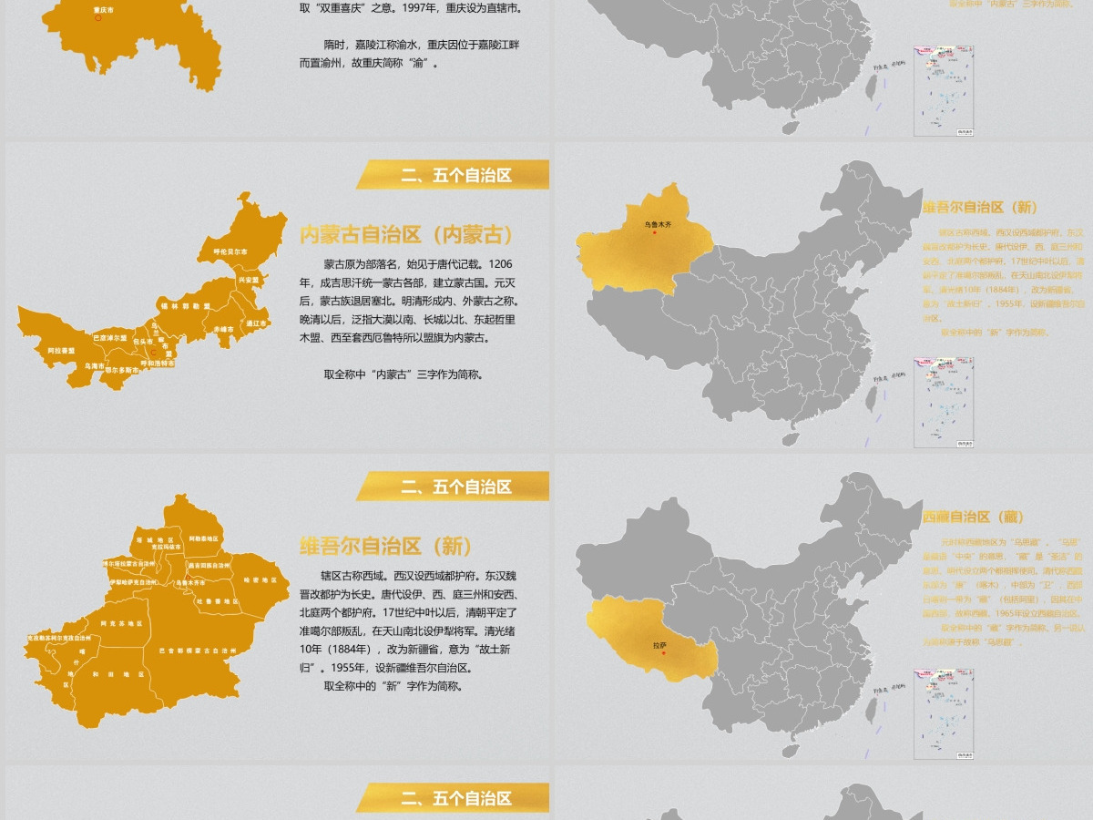 灰底亮丽黄中国地图各省份矢量地图PPT图表合集