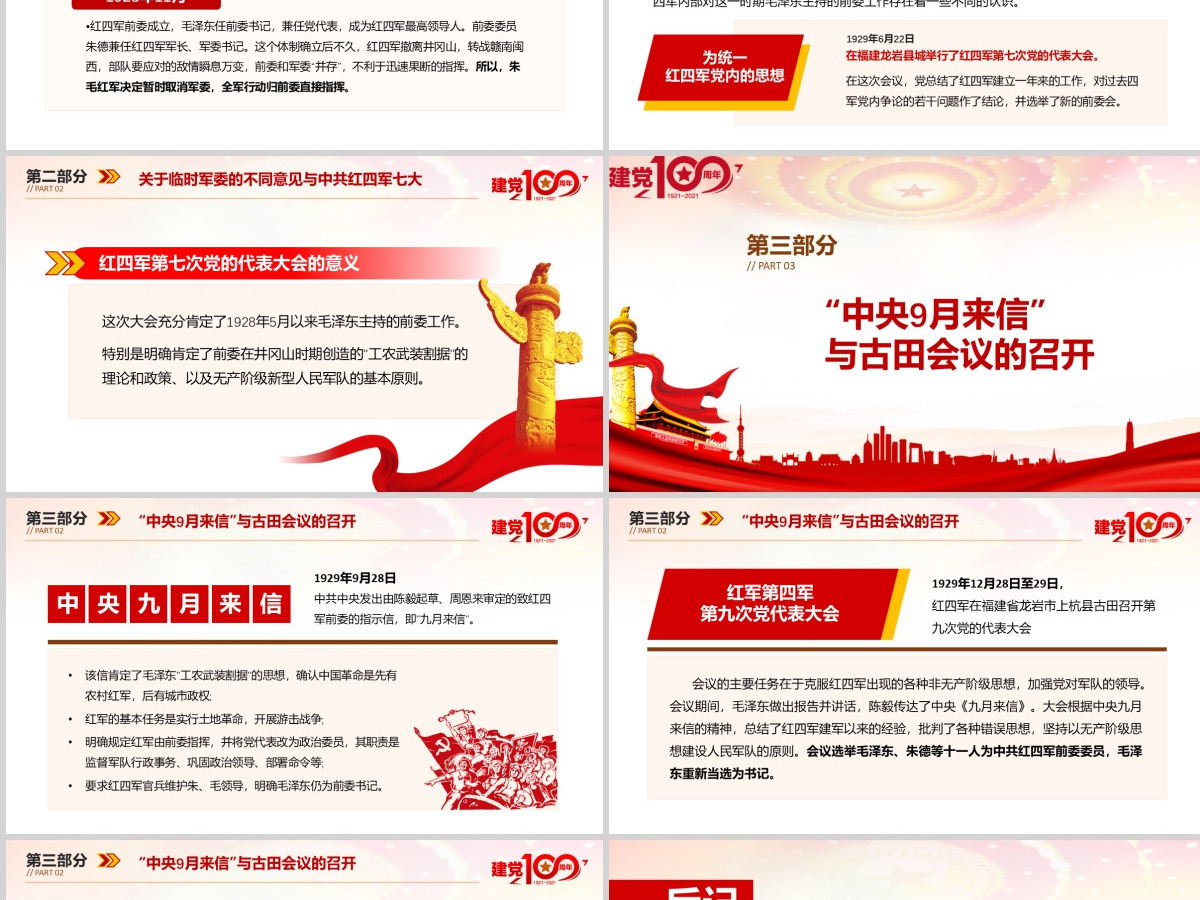 2021年庆祝中国共产党建党百年党课朱毛红军与古田会议红色简约党建风PPT-含讲稿