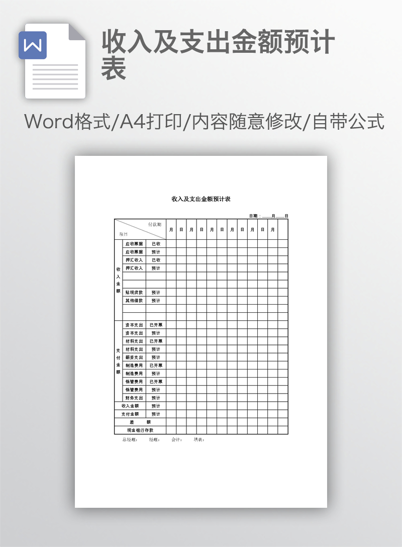 收入及支出金额预计表