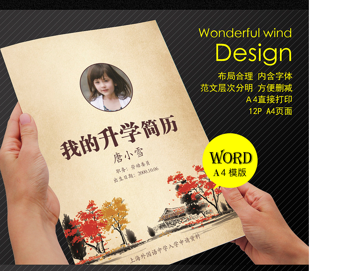 中国风水墨小升初Word简历模版