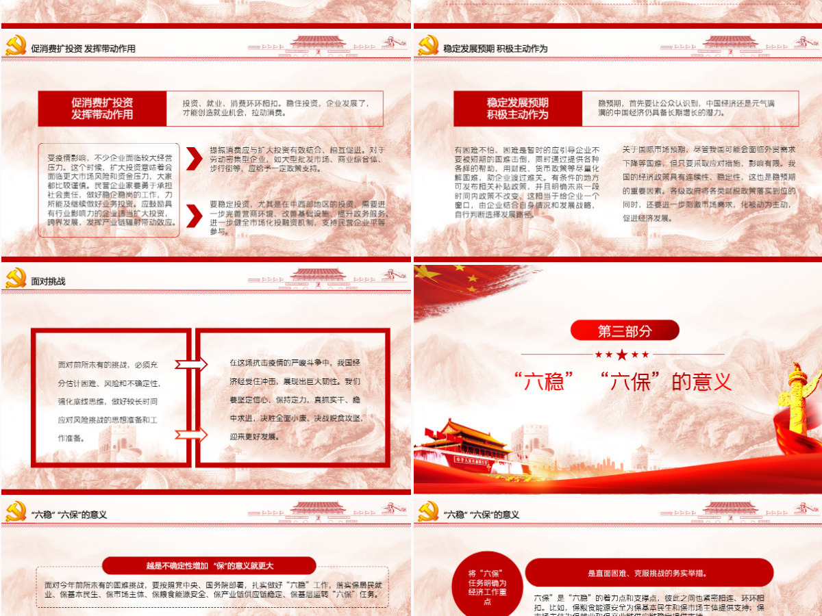 大气红色六稳六保党课学习PPT模板