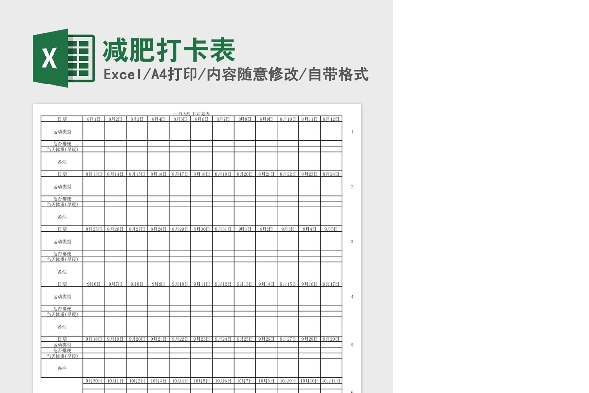 减肥打卡Excel表